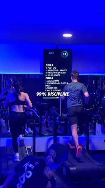 A studio screen showing the POD 3 and POD 4 exercise lists while members train
