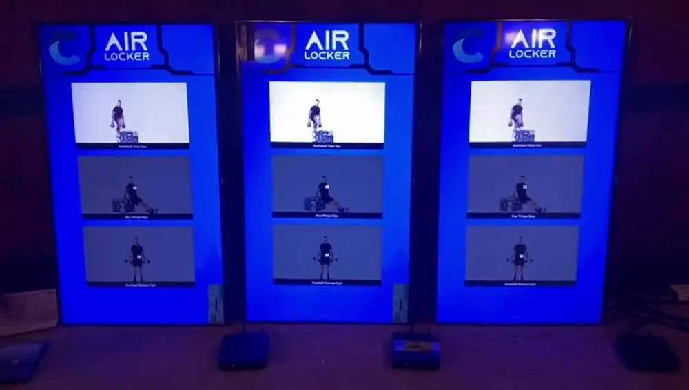 Three portrait AirLocker screens side by side, each showing the same three movement videos on the same frame at the same instant