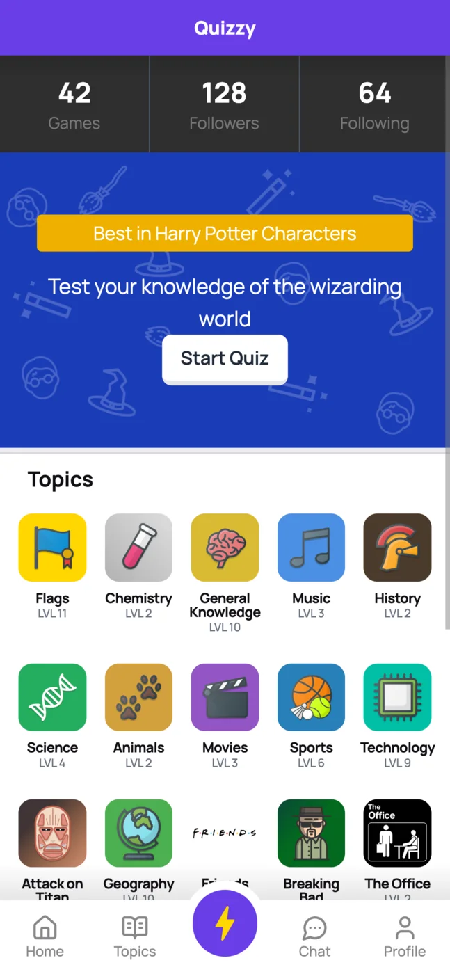 The Quizzy home screen showing player statistics and a grid of topics including Flags, Chemistry, General Knowledge, Music, History, Science, Animals, Movies, Sports and Technology