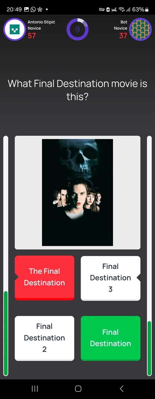 A live Quizzy match in progress against an opponent labelled Bot, showing a Final Destination movie poster question with four possible answers